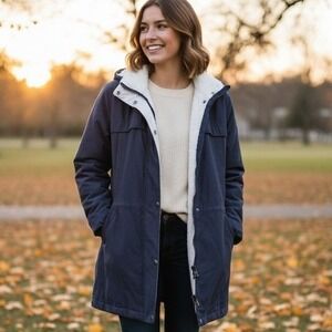 Liz Claiborne Small $120 Navy Blue Fleece Lined Zip Front Utility Jacket Coat